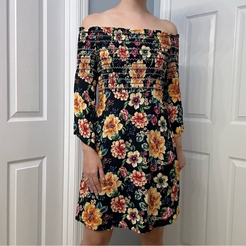 FARM Rio Floral Off-Shoulder Mini Dress - Black and Multicolor